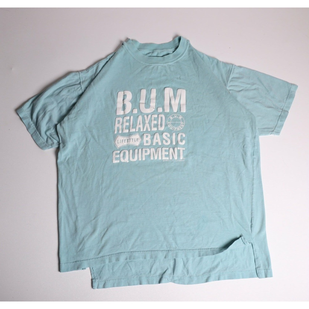 Vintage 90s B.U.M. Equipment T Shirt Aqua Blue Relaxed Basic Graphic Tee L